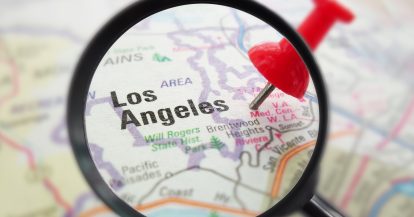 Closeup Of A Map Of Los Angeles California With Red push pin