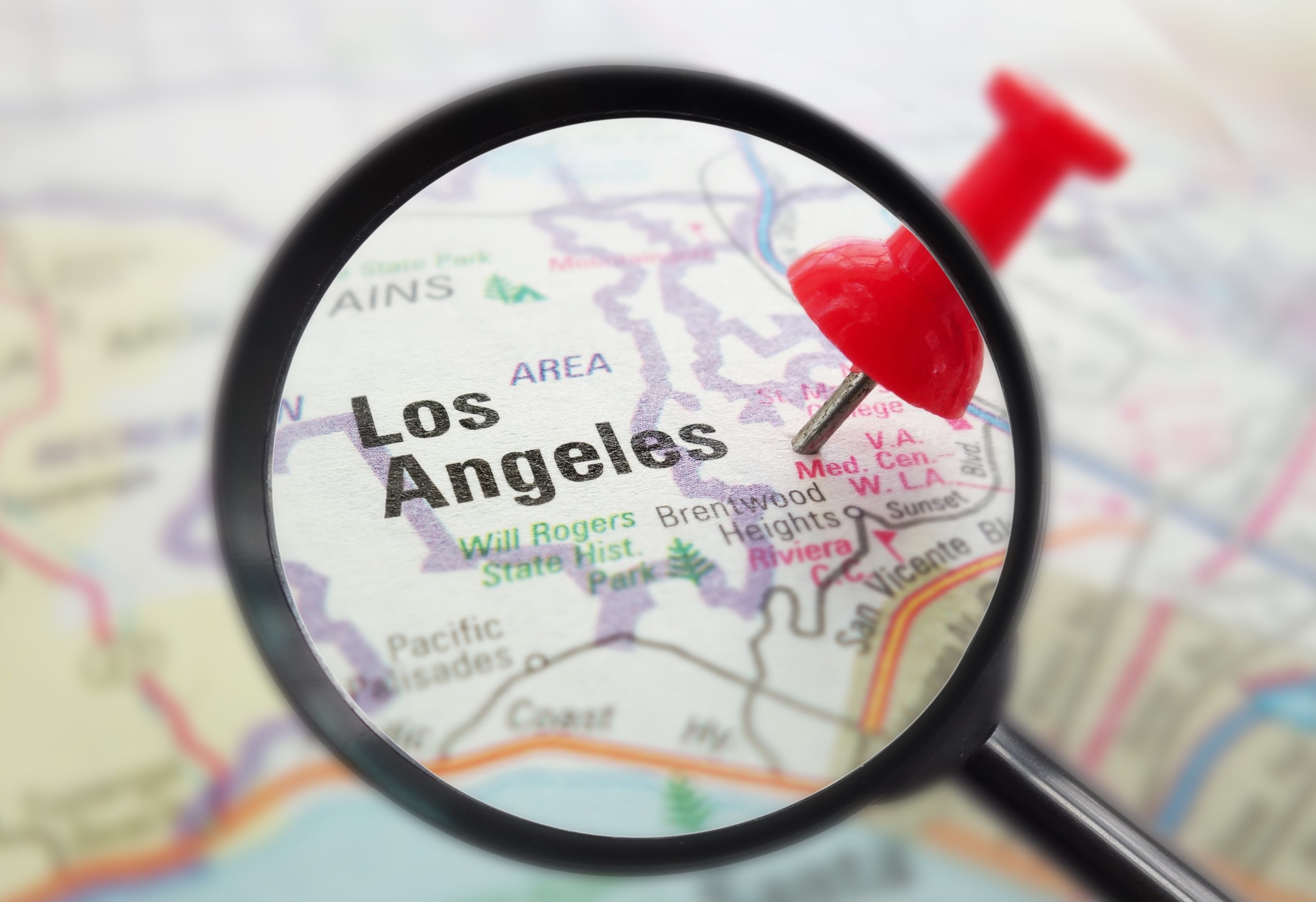 Closeup Of A Map Of Los Angeles California With Red push pin